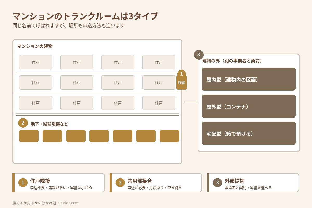 マンションの住戸隣接タイプ・共用部集合タイプ・外部提携タイプの位置関係を示した図