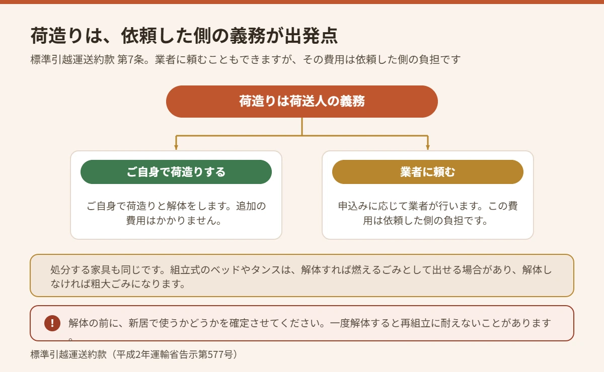 引越しの荷造りと家具の解体が誰の負担になるかを示した図