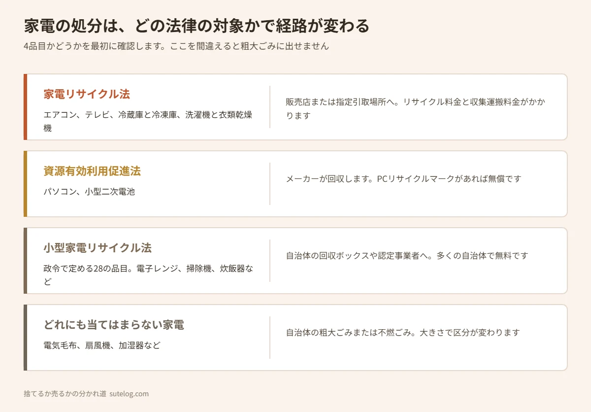 家電の処分経路を根拠となる法律ごとに整理した図