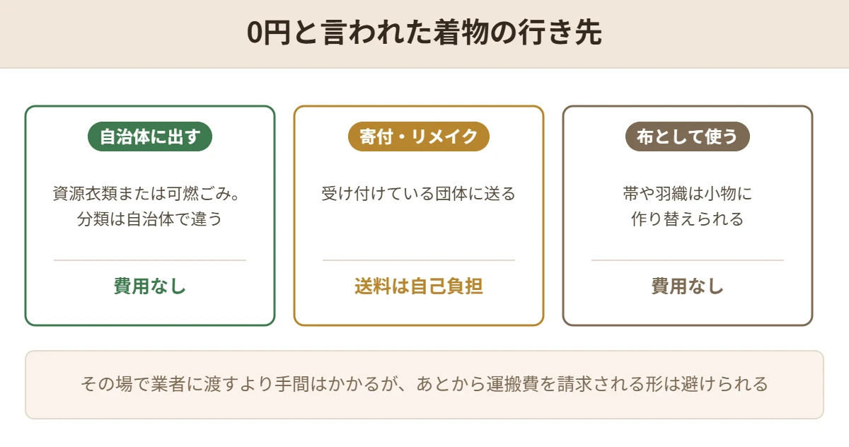 査定で0円になった着物の3つの行き先と費用を並べた図