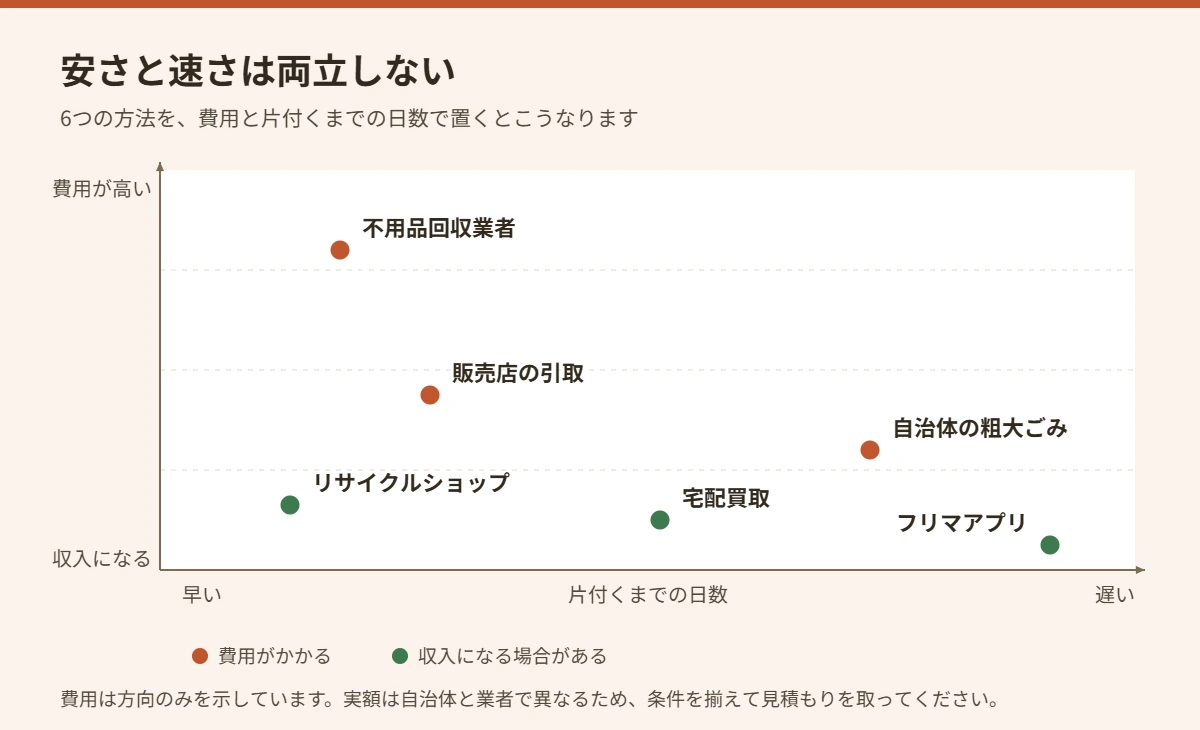 不用品の処分方法6つを費用と片付くまでの日数の2軸に置いた図