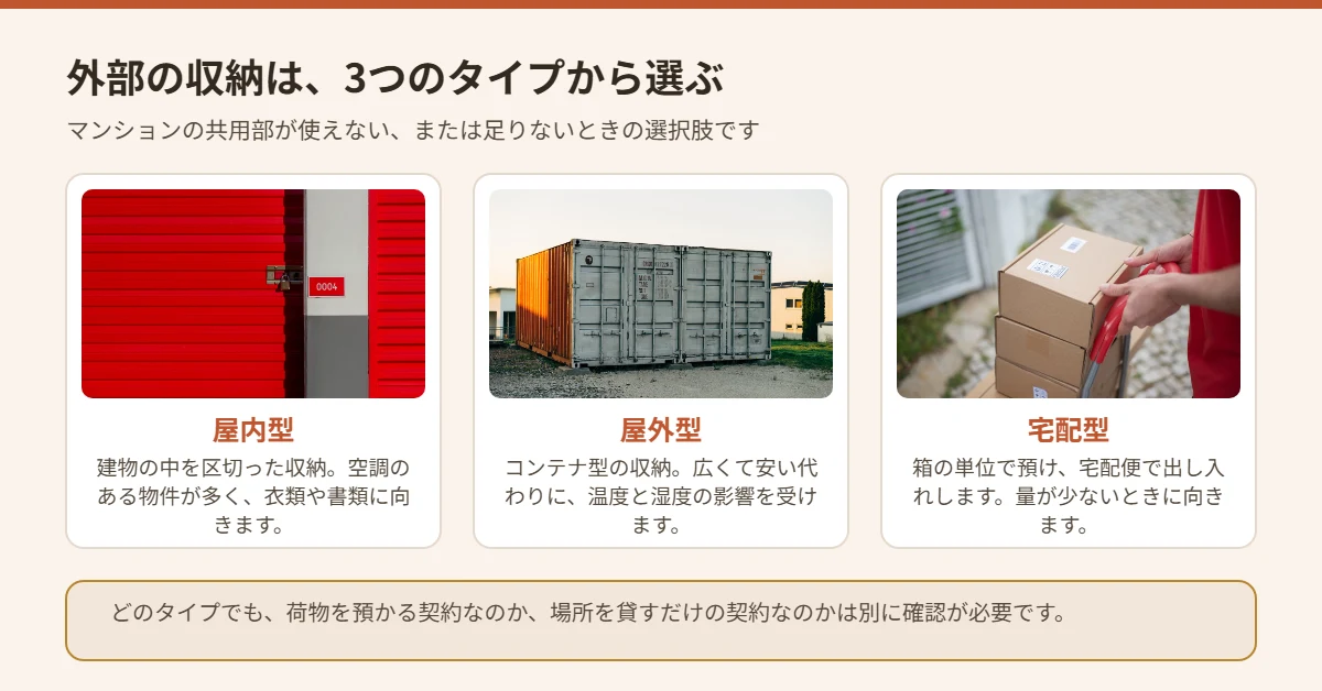 屋内型と屋外型と宅配型のトランクルームの写真を並べて特徴を比べた図